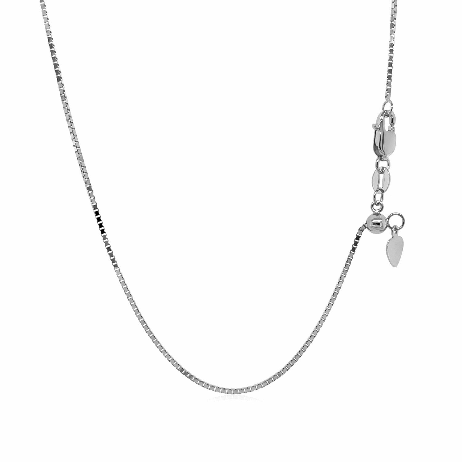 14k White Gold Adjustable Box Chain (0.85 mm) in a sleek high-contrast midnight luxury editorial style